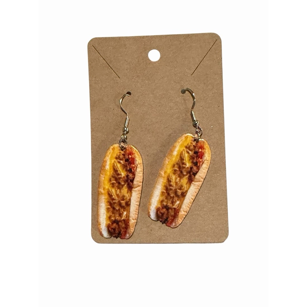 Handmade Chili Cheese Dog Dangle Earrings Foodie Kitsch Realistic Hot Dog Drop